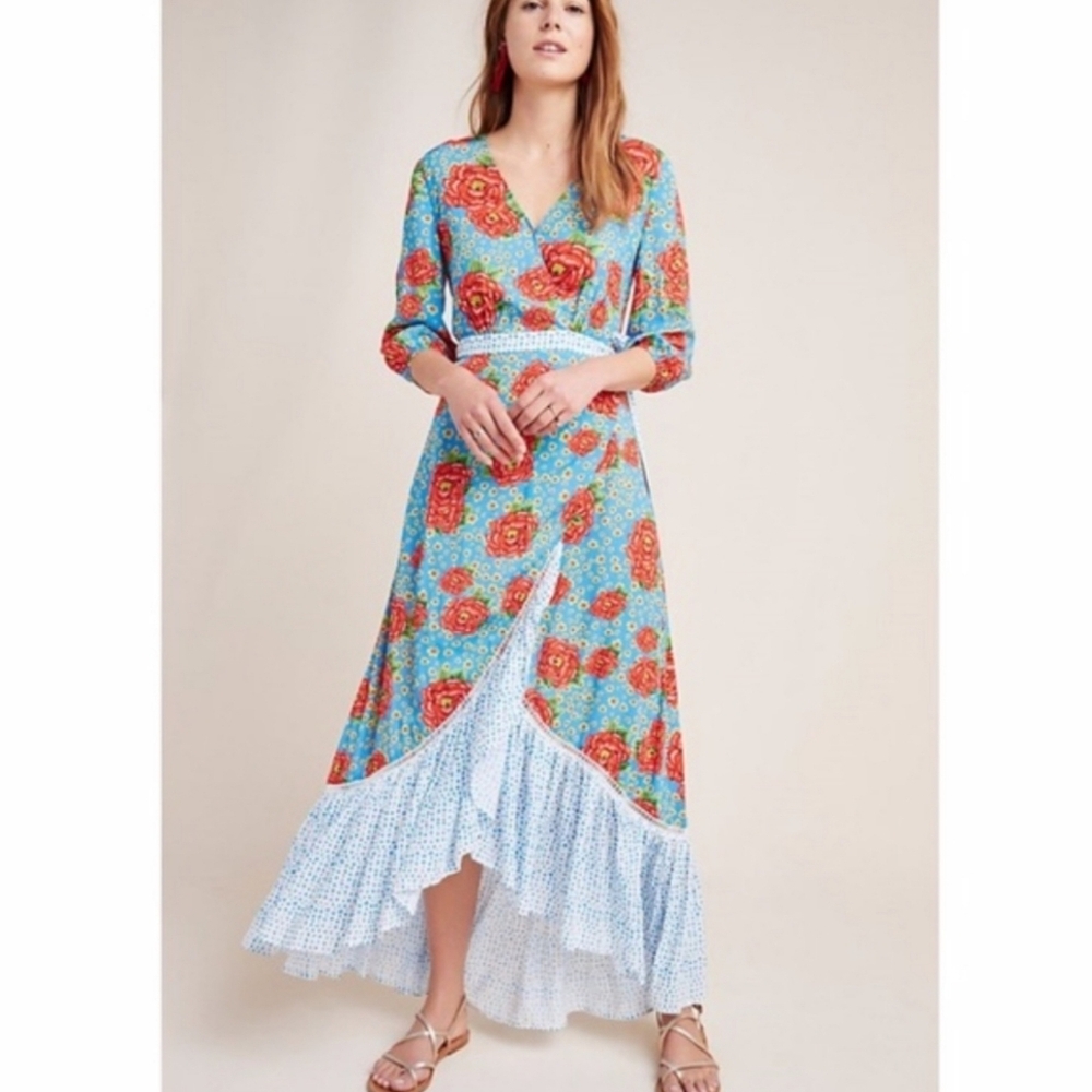 Floral V-Neck Maxi Dress with Ruffle Hem - Blue & Red